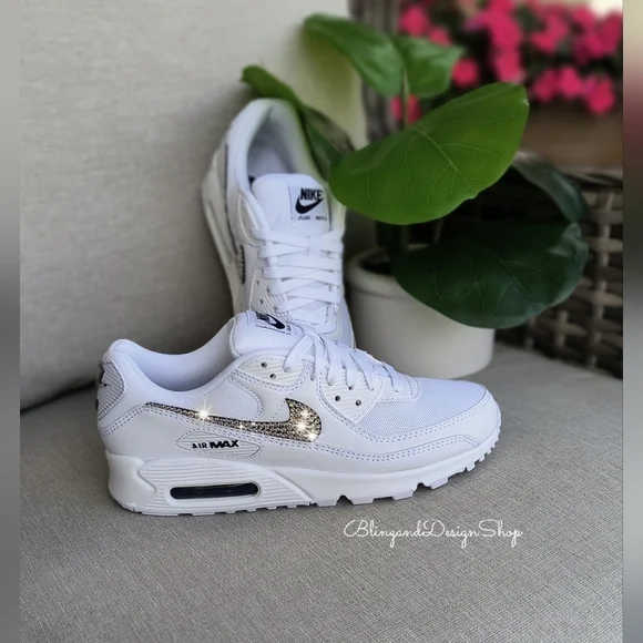 Women's Bling Nike Air Max 90 White Sneakers Shoes made with Swarovski C… - Picture 3 of 5
